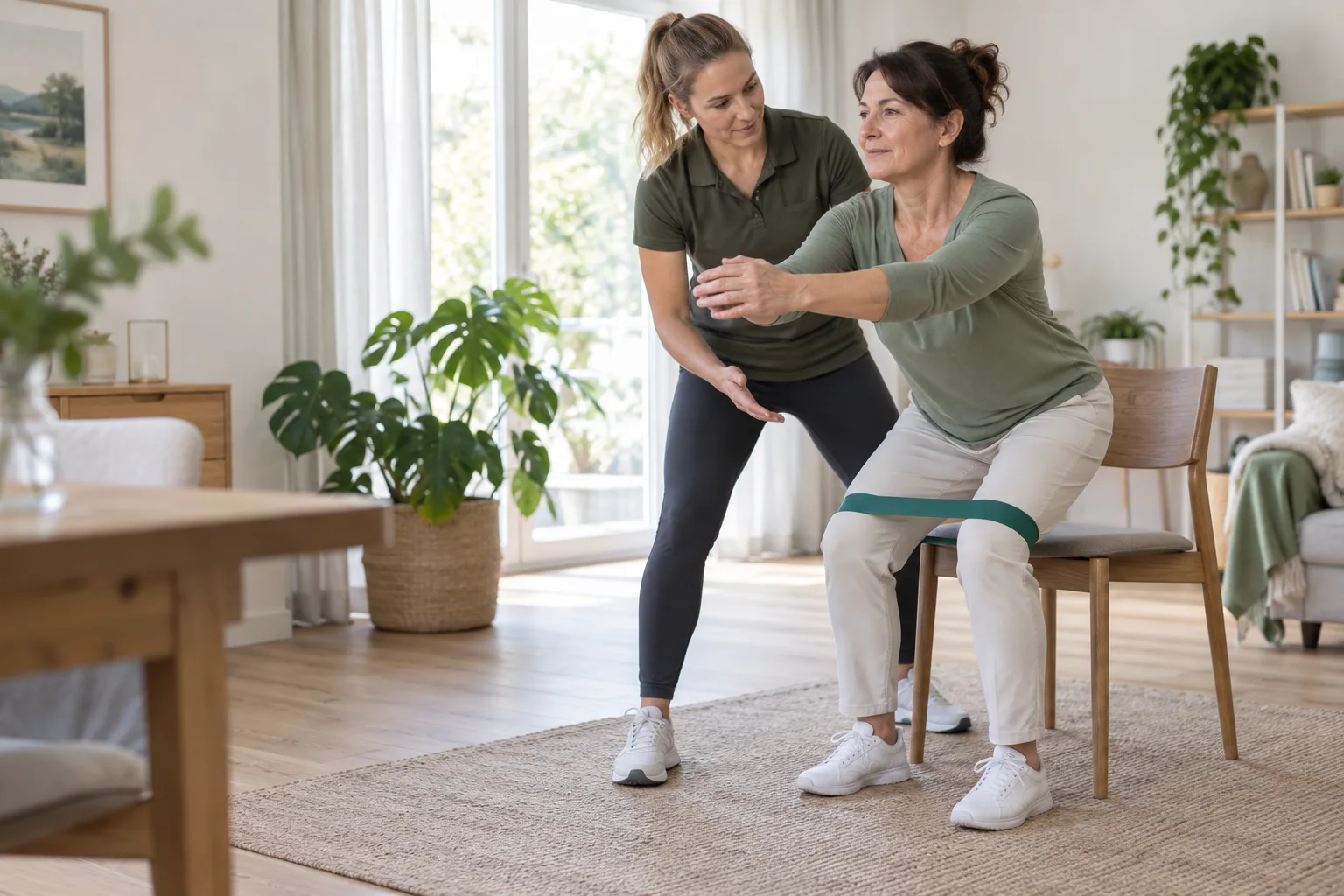 Patientin übt mit einer Physiotherapeutin das kontrollierte Aufstehen von einem Stuhl.