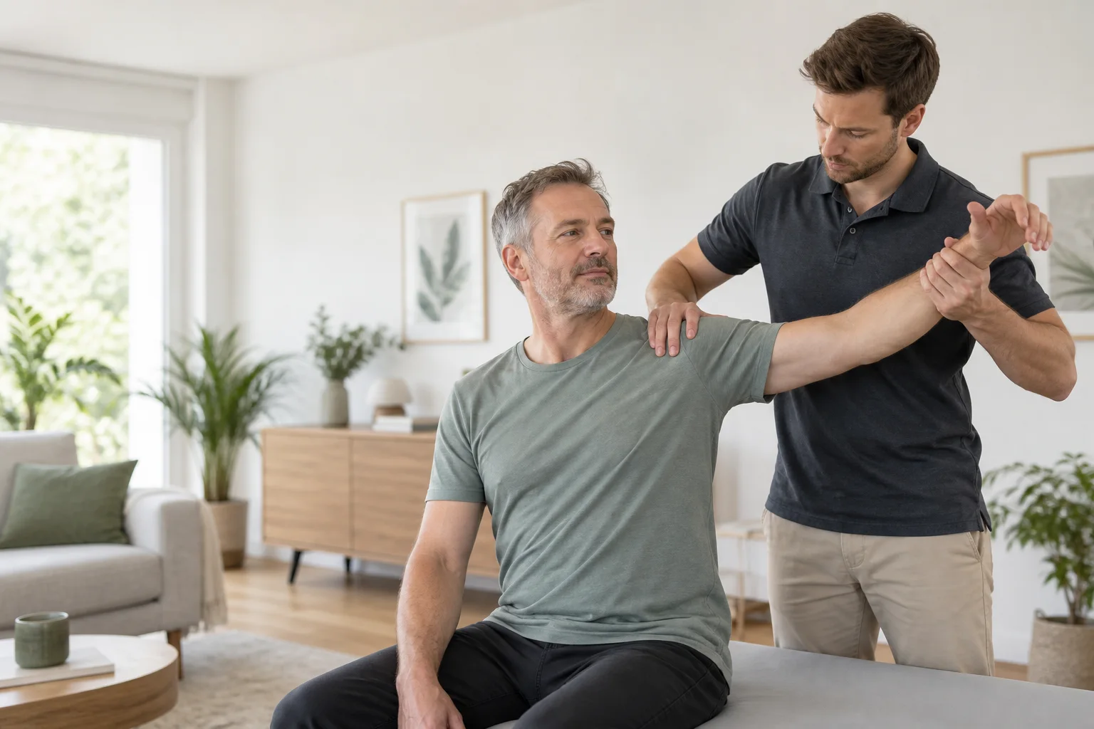Physiotherapeut führt eine klassische Massagebehandlung an der Schultermuskulatur eines Patienten durch.