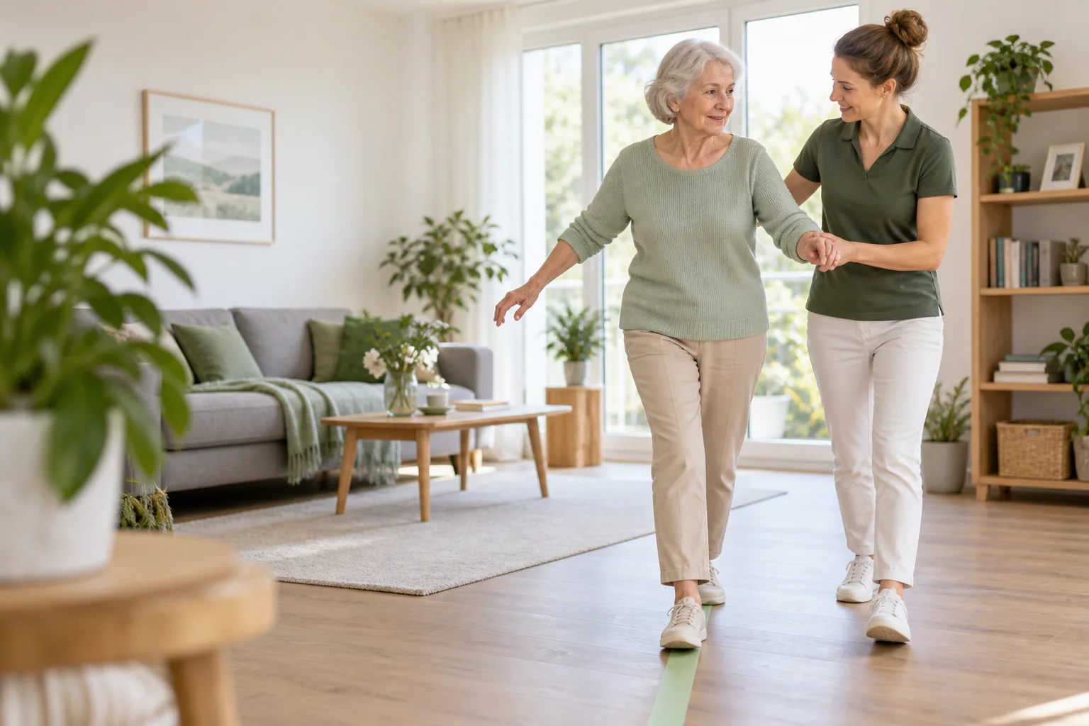 Aktive Seniorin übt mit einer Physiotherapeutin sicheres Gehen und Balance im Wohnzimmer.
