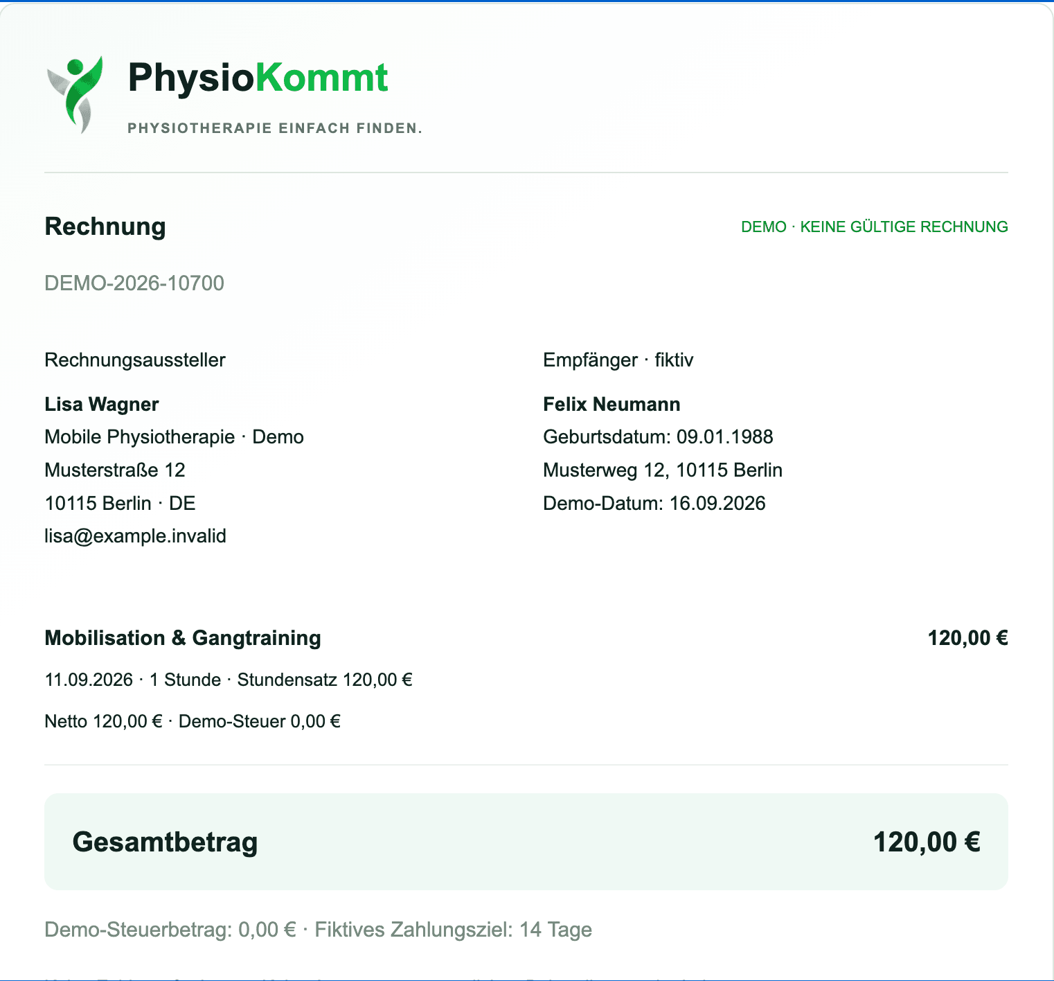 PhysioKommt-Demorechnung mit Behandlung und Gesamtbetrag – keine gültige Rechnung